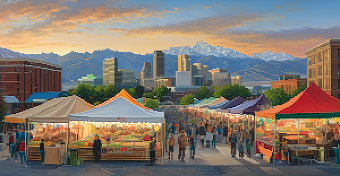 A panoramic view of Salt Lake City with modern architecture and mountains at sunset, featuring a diverse crowd at an outdoor market.