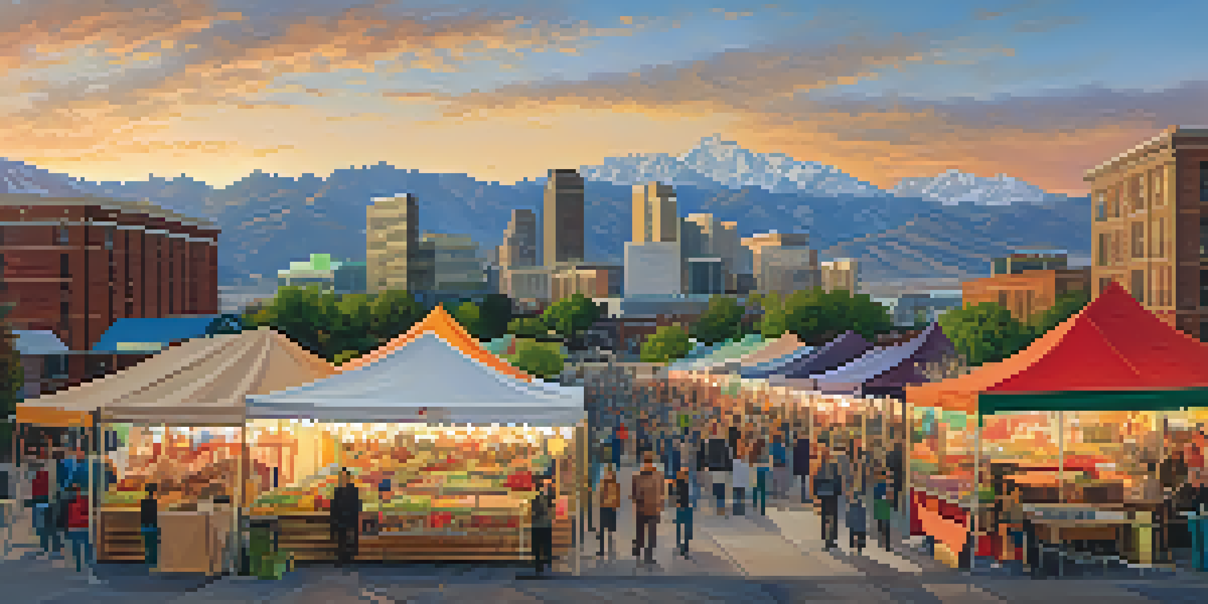 A panoramic view of Salt Lake City with modern architecture and mountains at sunset, featuring a diverse crowd at an outdoor market.