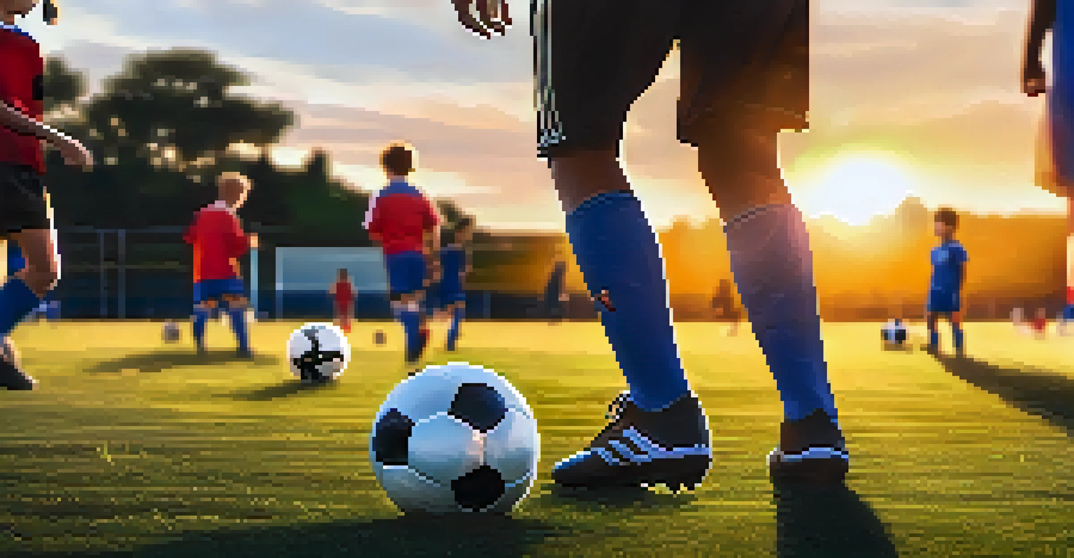 A young soccer player practicing with a ball at the RSL youth academy, with coaches in the background and a warm sunset.