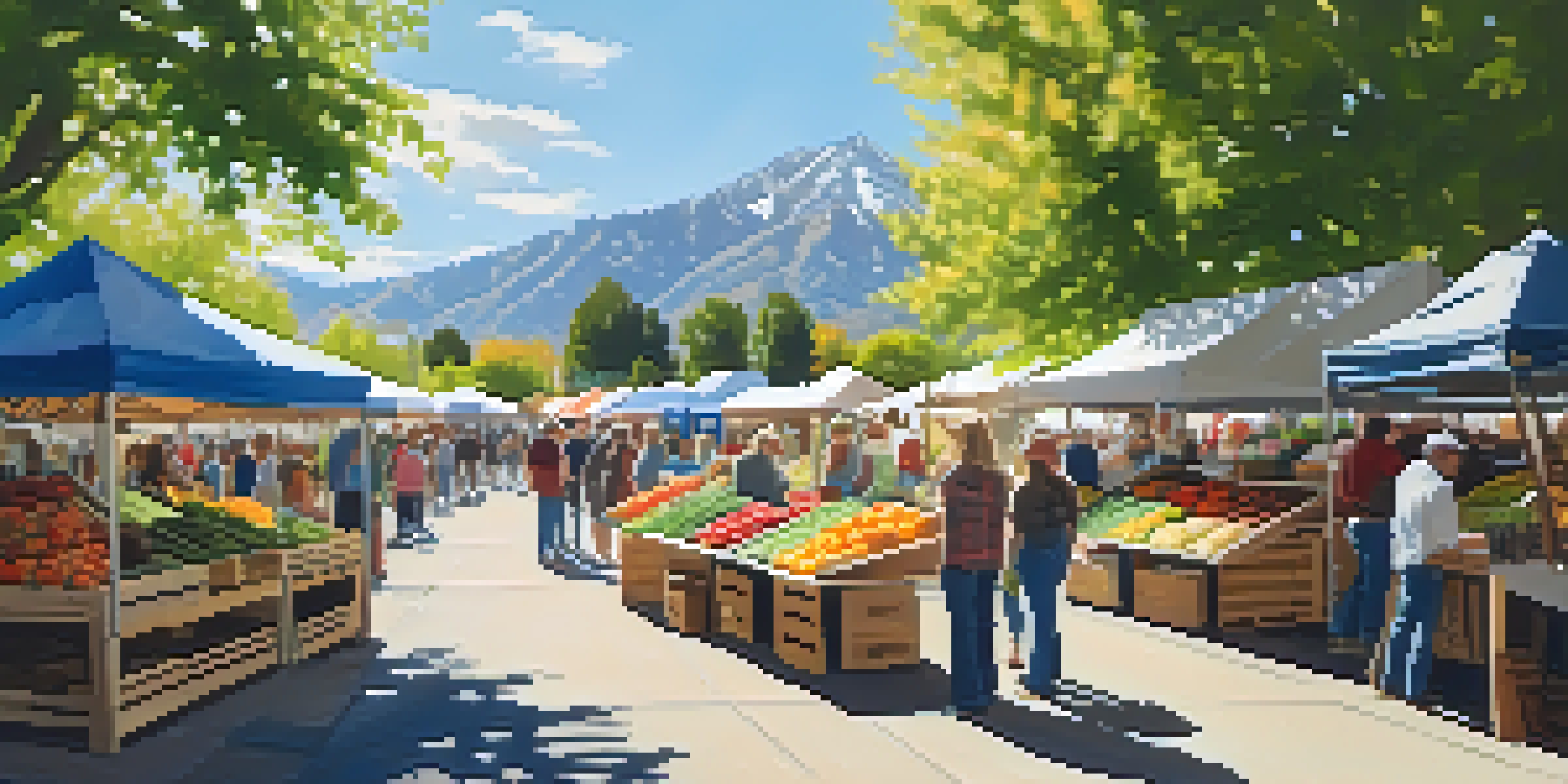 A lively farmers' market filled with colorful fruits and vegetables, flowers, and people shopping, with mountains in the background.