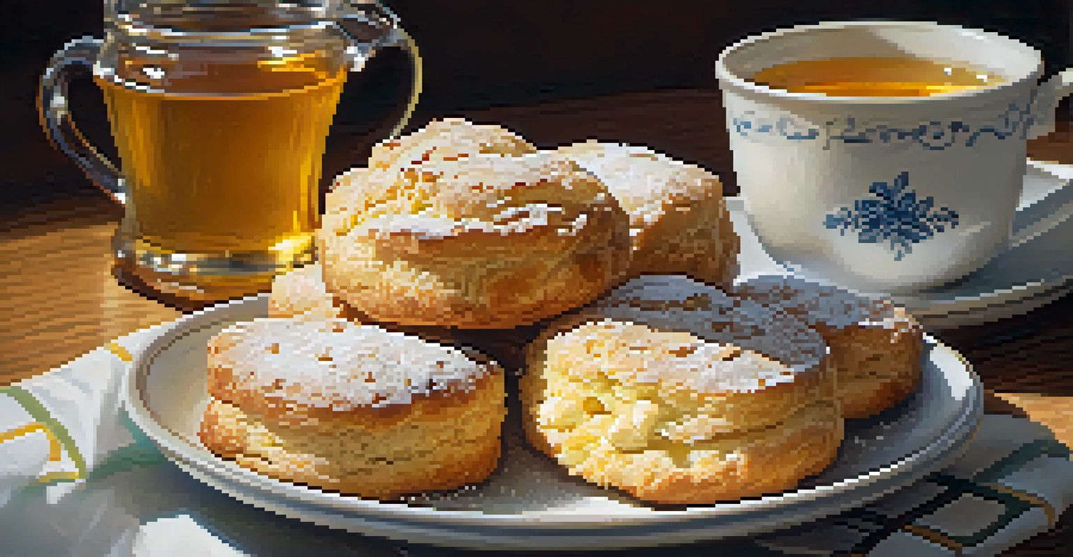 A plate of golden Utah scones with honey butter and a cup of tea on a wooden table.