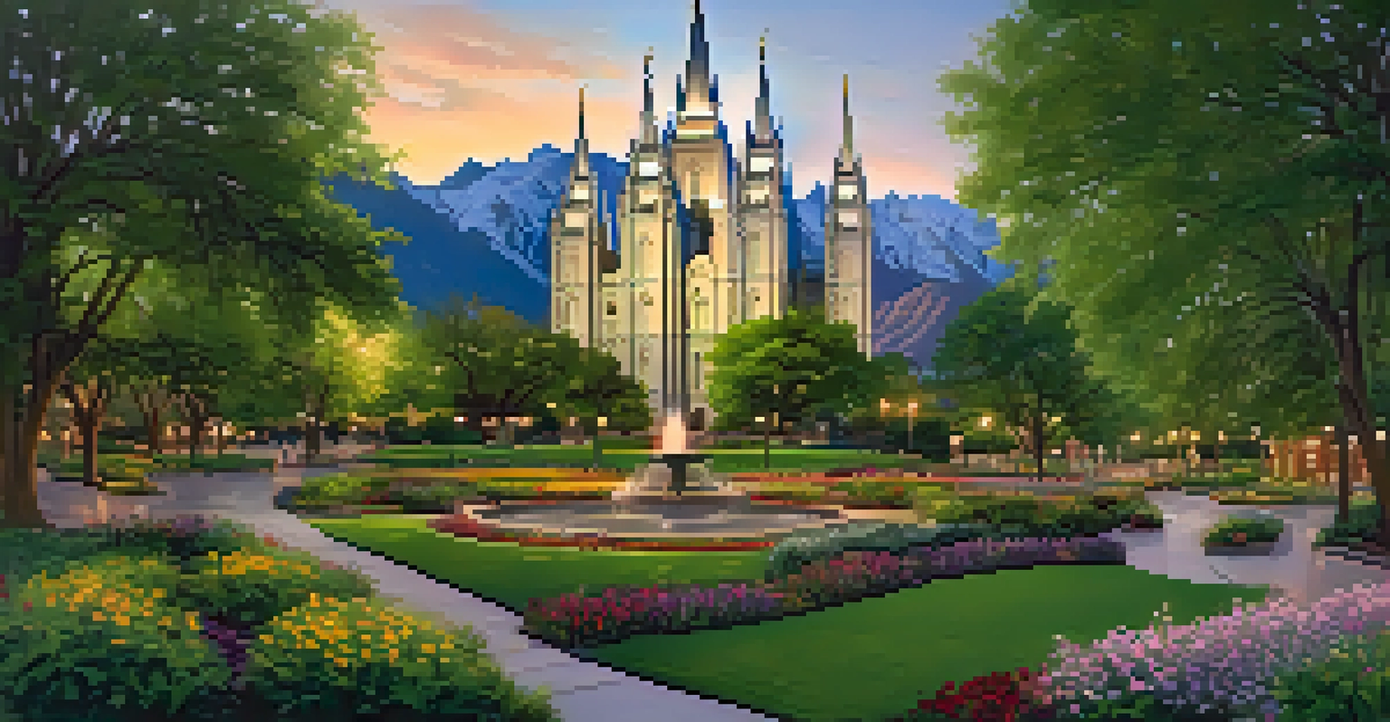 Panoramic view of Temple Square with Salt Lake Temple surrounded by gardens and visitors.