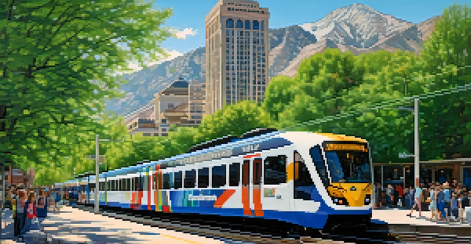 A light rail train in Salt Lake City with people waiting at the station and a clear blue sky.