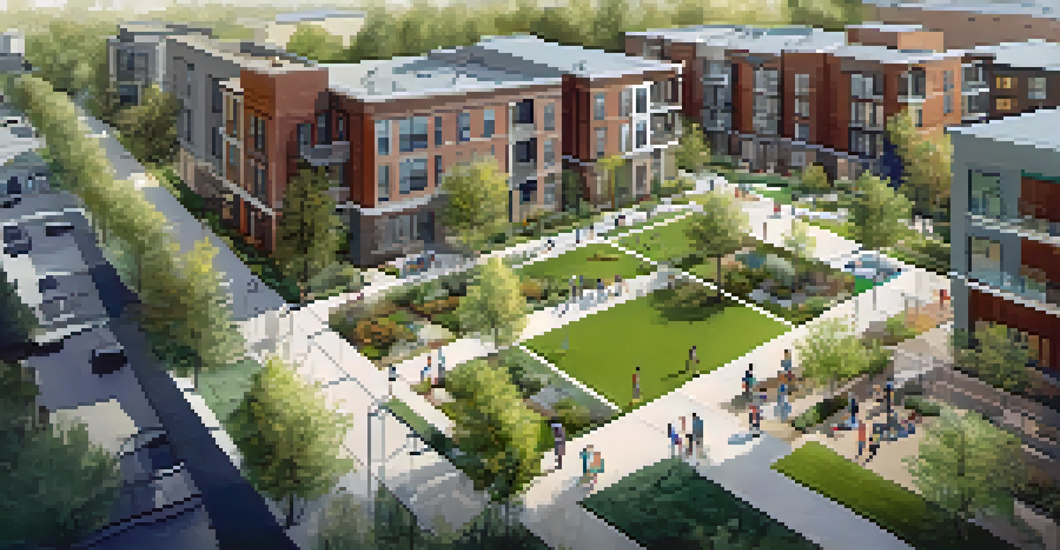 Aerial view of a Salt Lake City neighborhood with parks and community gardens, families in the parks, and modern buildings in the background.