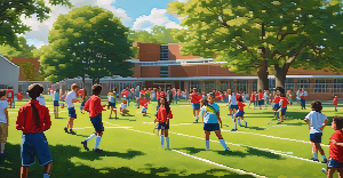 A lively school environment with students playing soccer, practicing music, and painting, highlighting diversity and community spirit.
