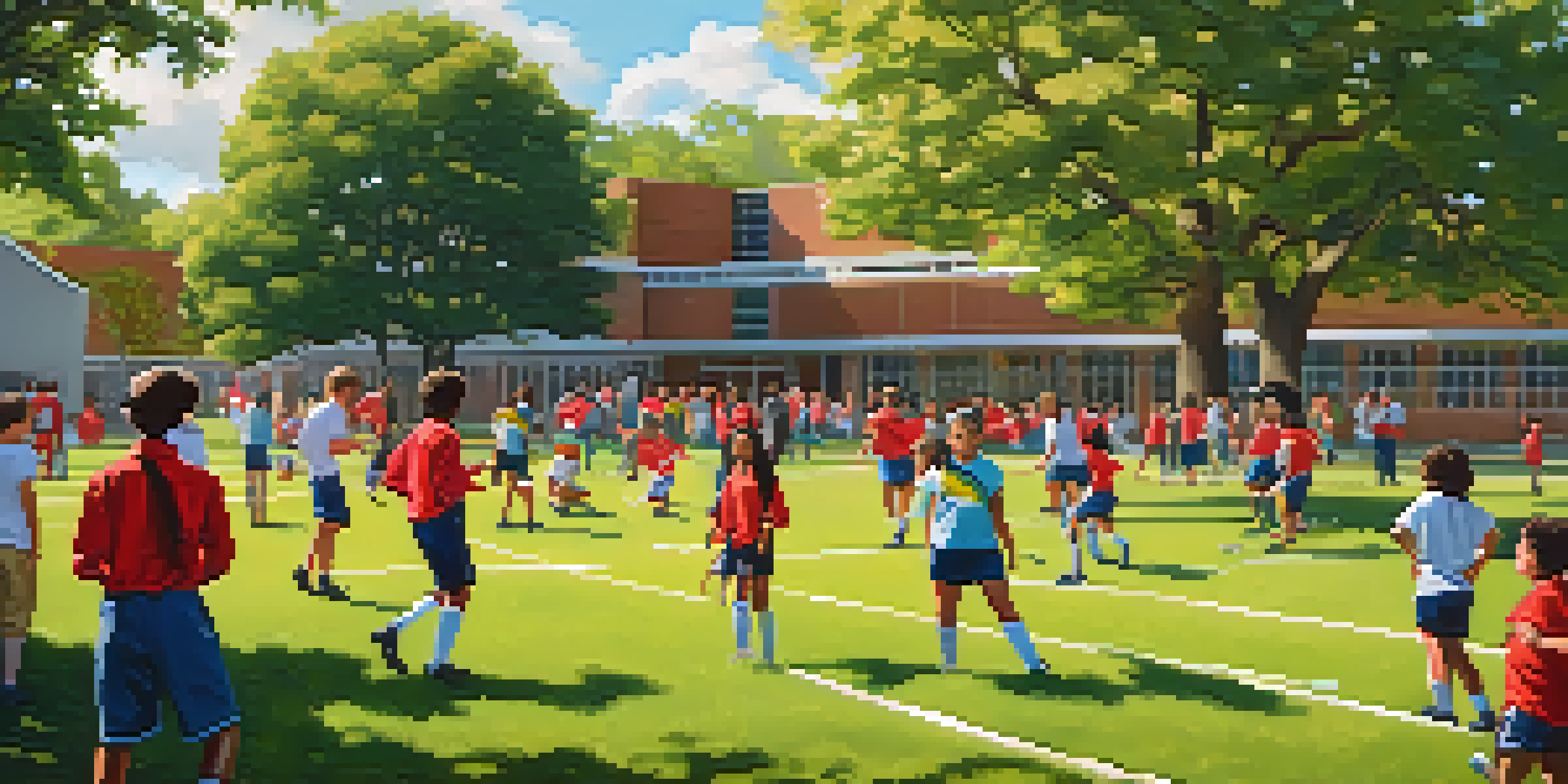 A lively school environment with students playing soccer, practicing music, and painting, highlighting diversity and community spirit.