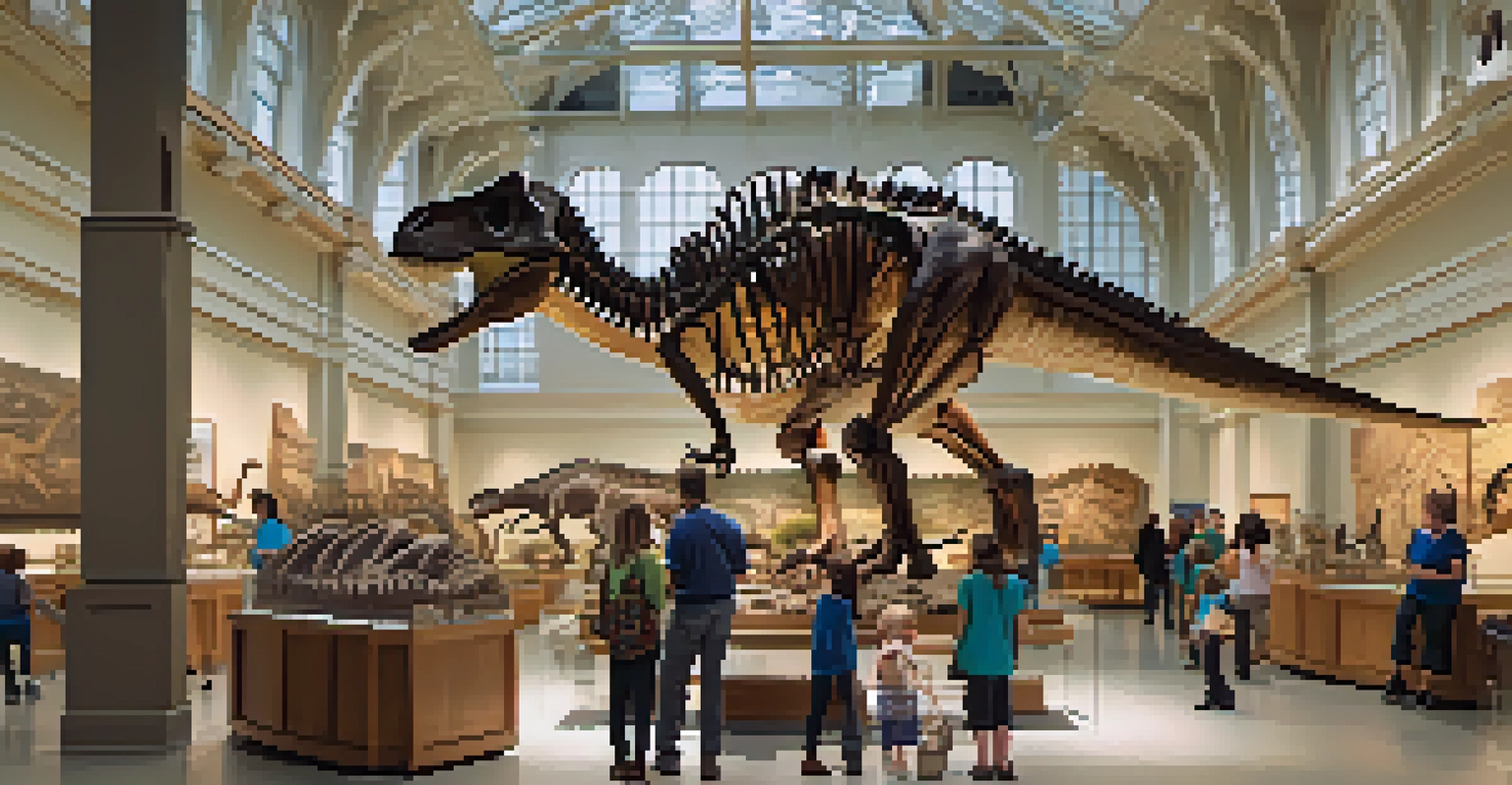 Visitors interacting with dinosaur fossil exhibits inside the Natural History Museum, showcasing a vibrant and educational atmosphere.