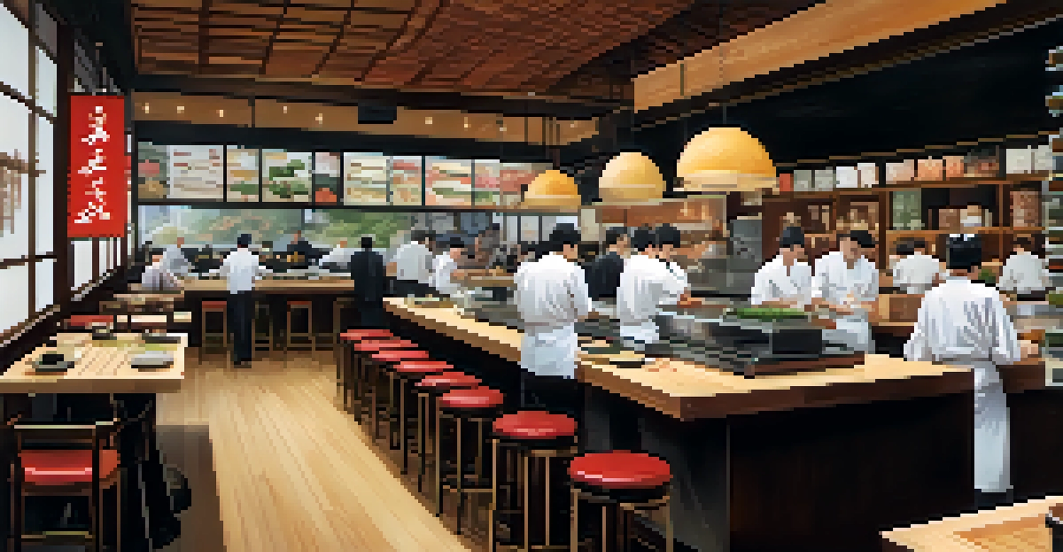 Inside a modern sushi restaurant with chefs preparing sushi and diners at wooden tables.