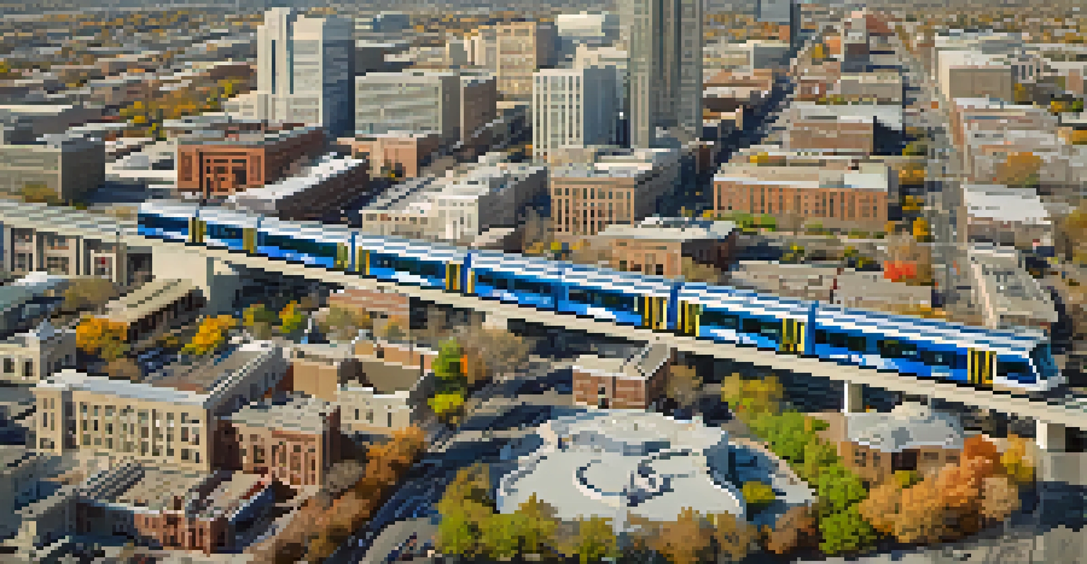An aerial view of Salt Lake City's transit network, showing TRAX light rail lines and bus routes connecting attractions against a backdrop of a clear blue sky.