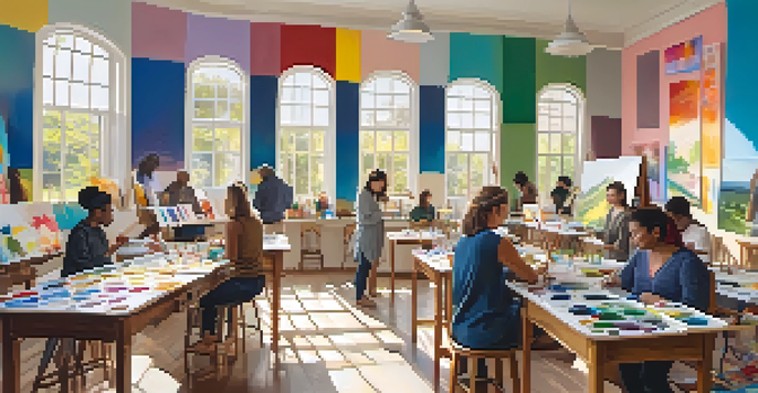 A group of adults participating in a colorful painting workshop, surrounded by art supplies and bright sunlight.