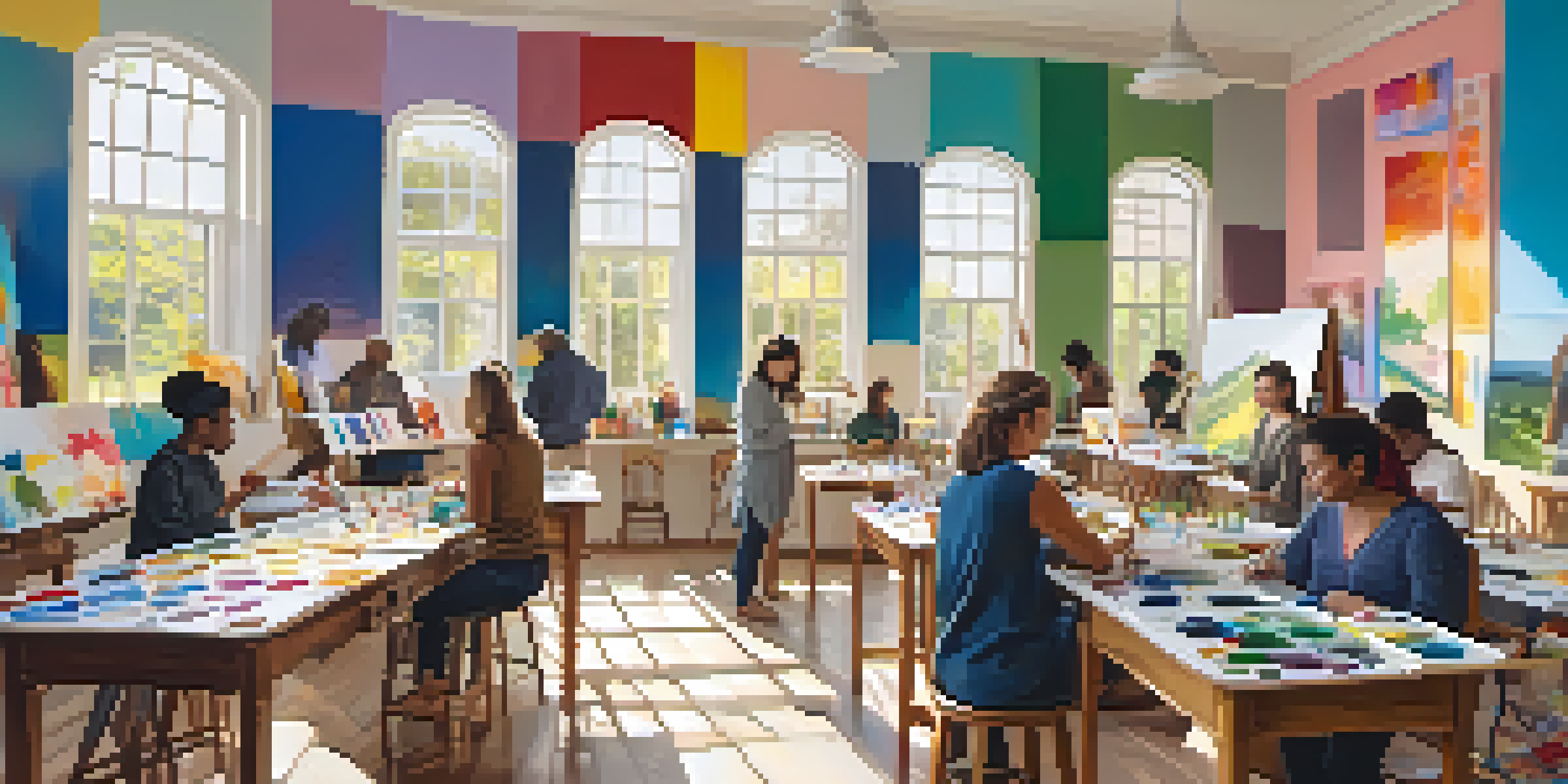 A group of adults participating in a colorful painting workshop, surrounded by art supplies and bright sunlight.