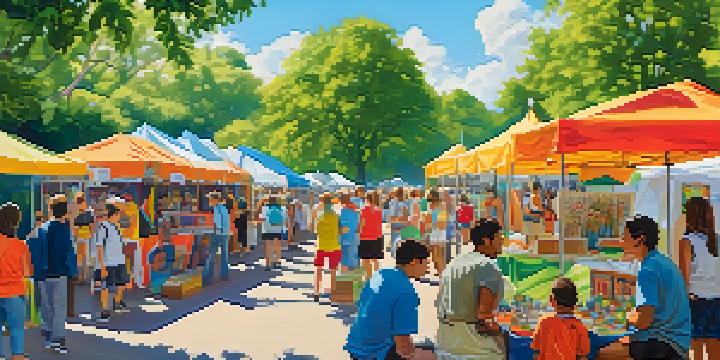 A lively outdoor art festival in a park with colorful stalls, diverse visitors, and children involved in craft activities under a sunny sky.