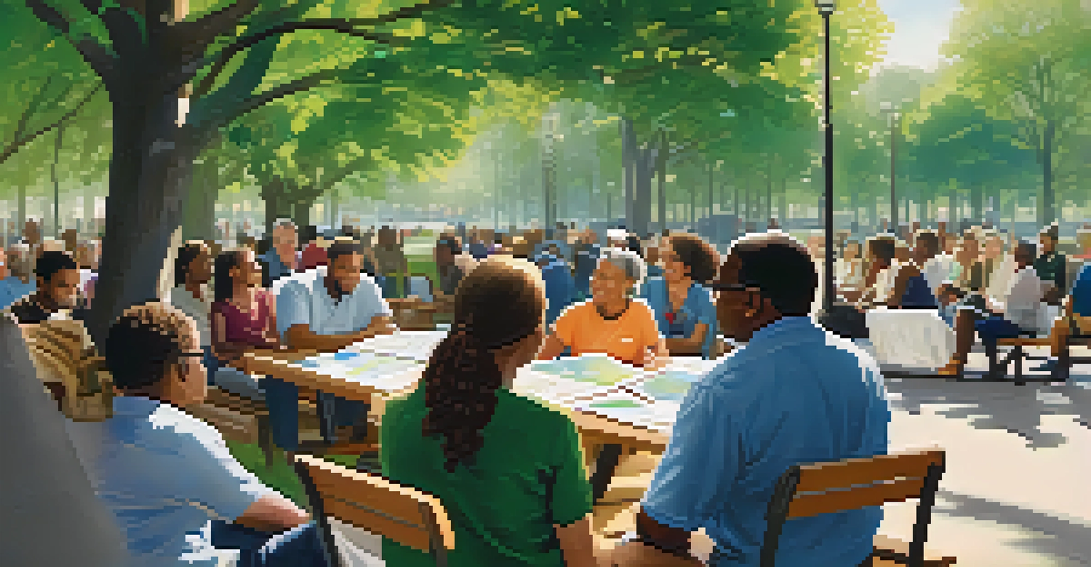 Residents participating in a community meeting about public transportation in a park, with visual aids displayed.