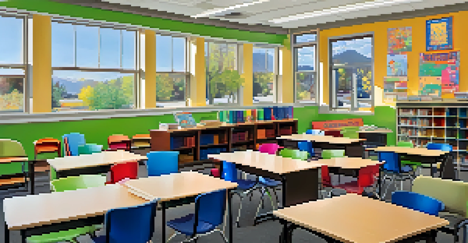 A vibrant classroom in a private school with students and a teacher, filled with natural light and educational decorations.