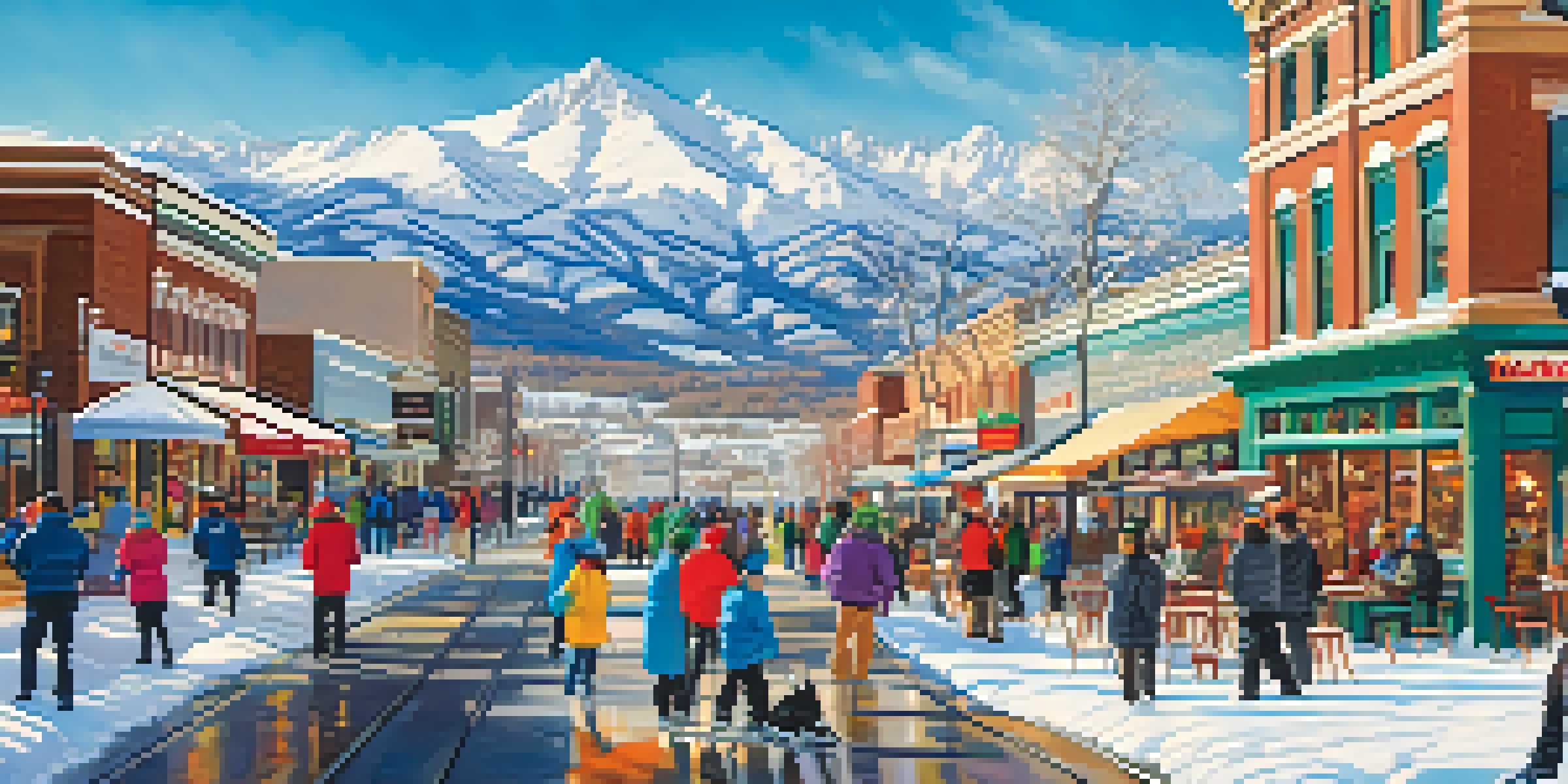 A snowy mountain slope with skiers, blue sky, and cozy coffee shops with people enjoying hot cocoa.