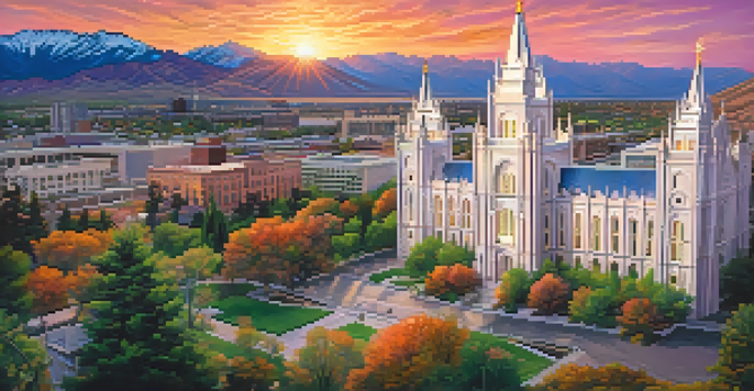 A picturesque skyline of Salt Lake City during sunset, featuring the Salt Lake Temple and Utah State Capitol.