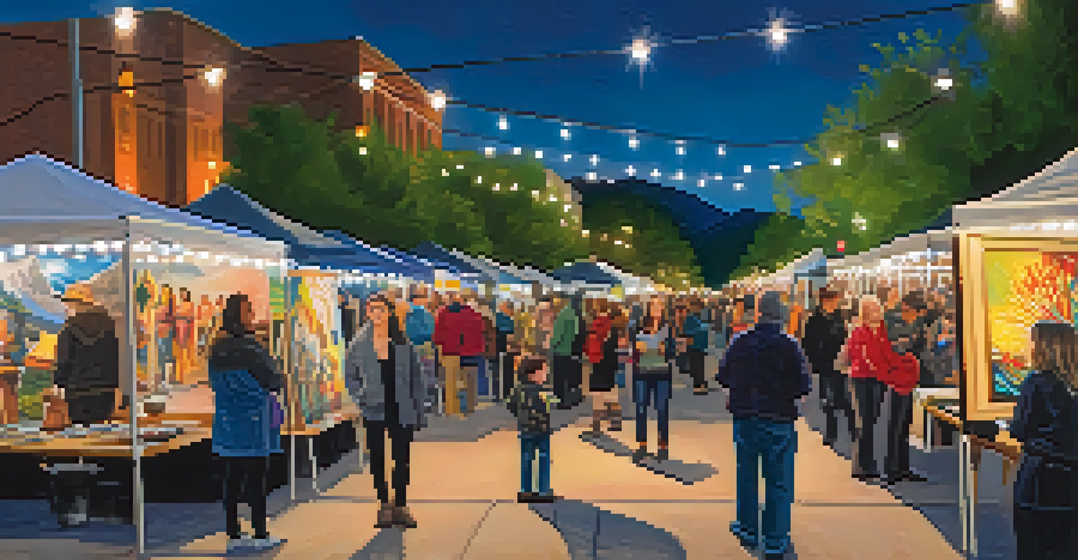 A bustling Salt Lake City Art Walk with artists displaying their works outdoors, surrounded by visitors enjoying the festive atmosphere at dusk.