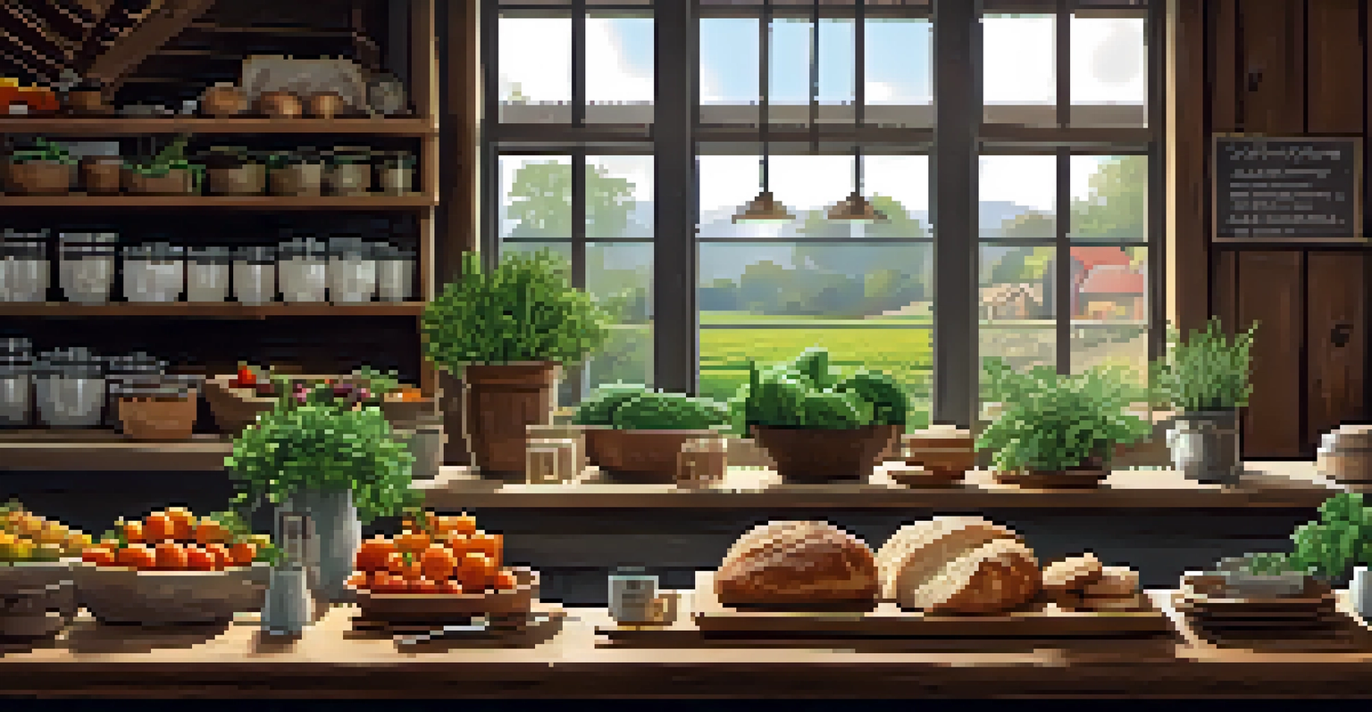 A farm-to-table restaurant table decorated with fresh seasonal vegetables and herbs, set in a warm and inviting atmosphere.