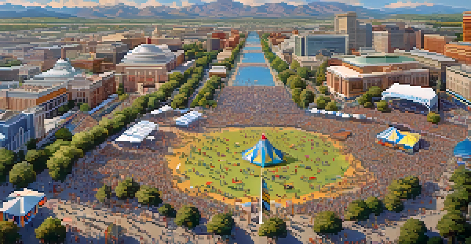 An aerial view of a festival in Salt Lake City, showing tents, stages, and people enjoying various activities against a backdrop of mountains and a blue sky.