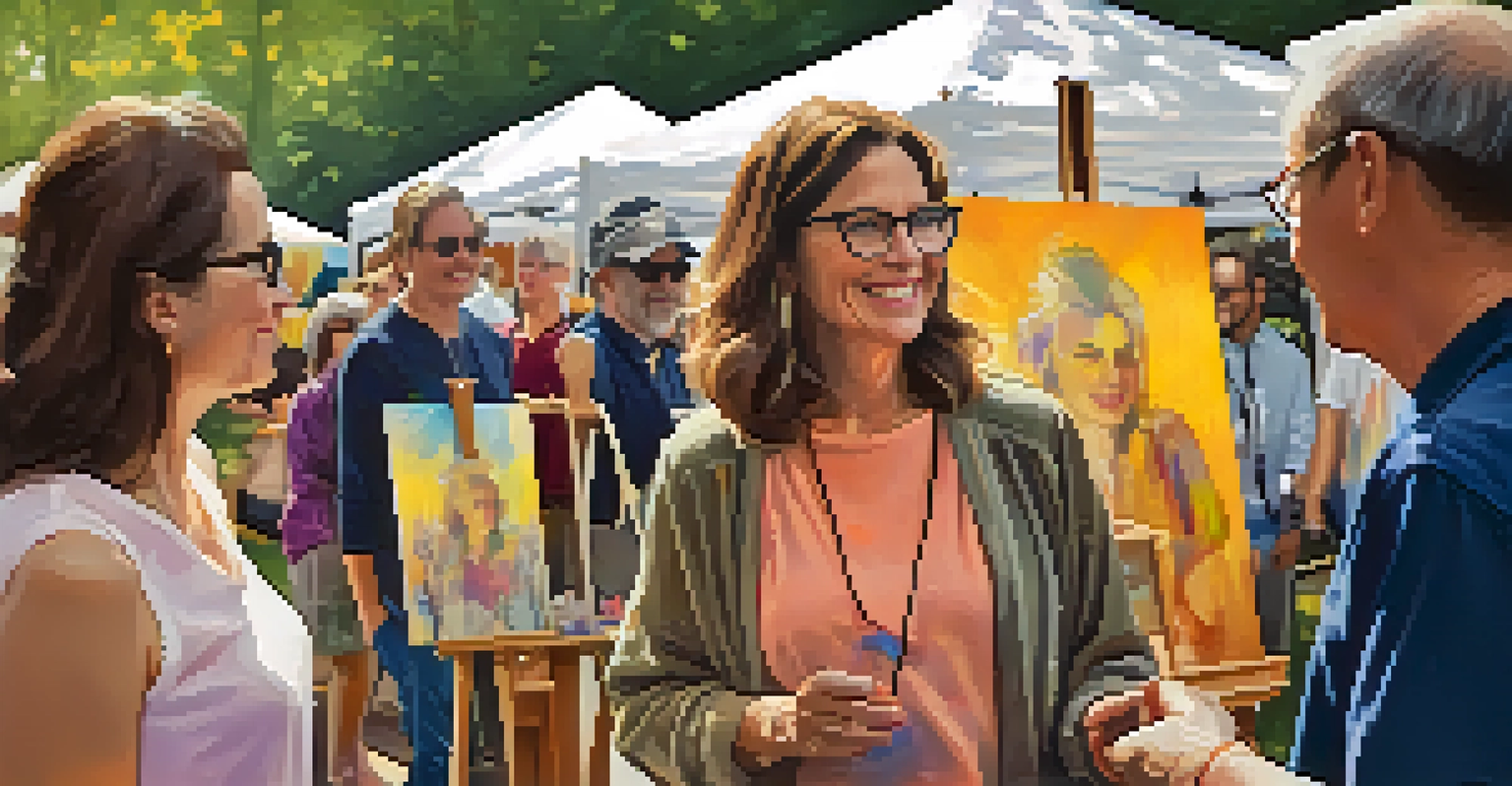 A featured artist smiling and explaining her artwork to attendees at an art festival, with colorful abstract paintings in the background.