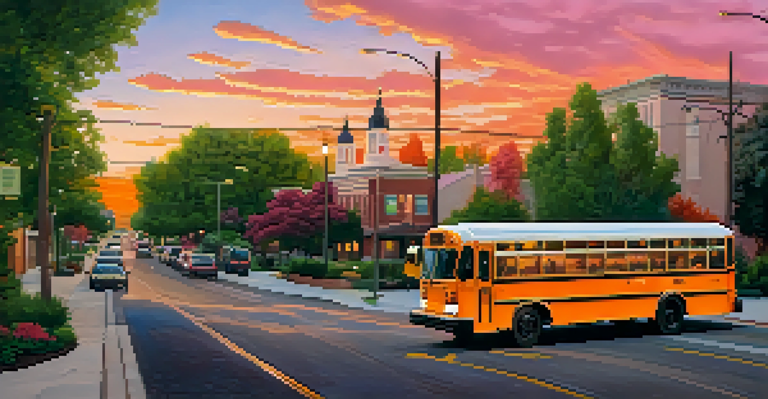 A city bus driving through a neighborhood at sunset with colorful skies and greenery around.