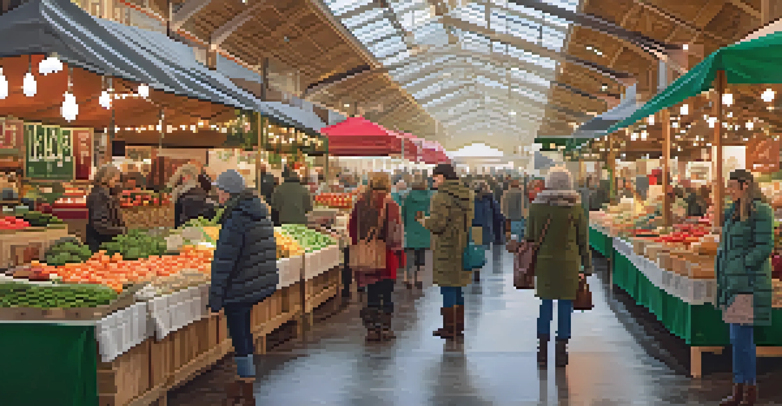 A cozy indoor market scene with stalls filled with fresh produce and handmade goods, shoppers interacting with friendly vendors in a warm, inviting atmosphere.