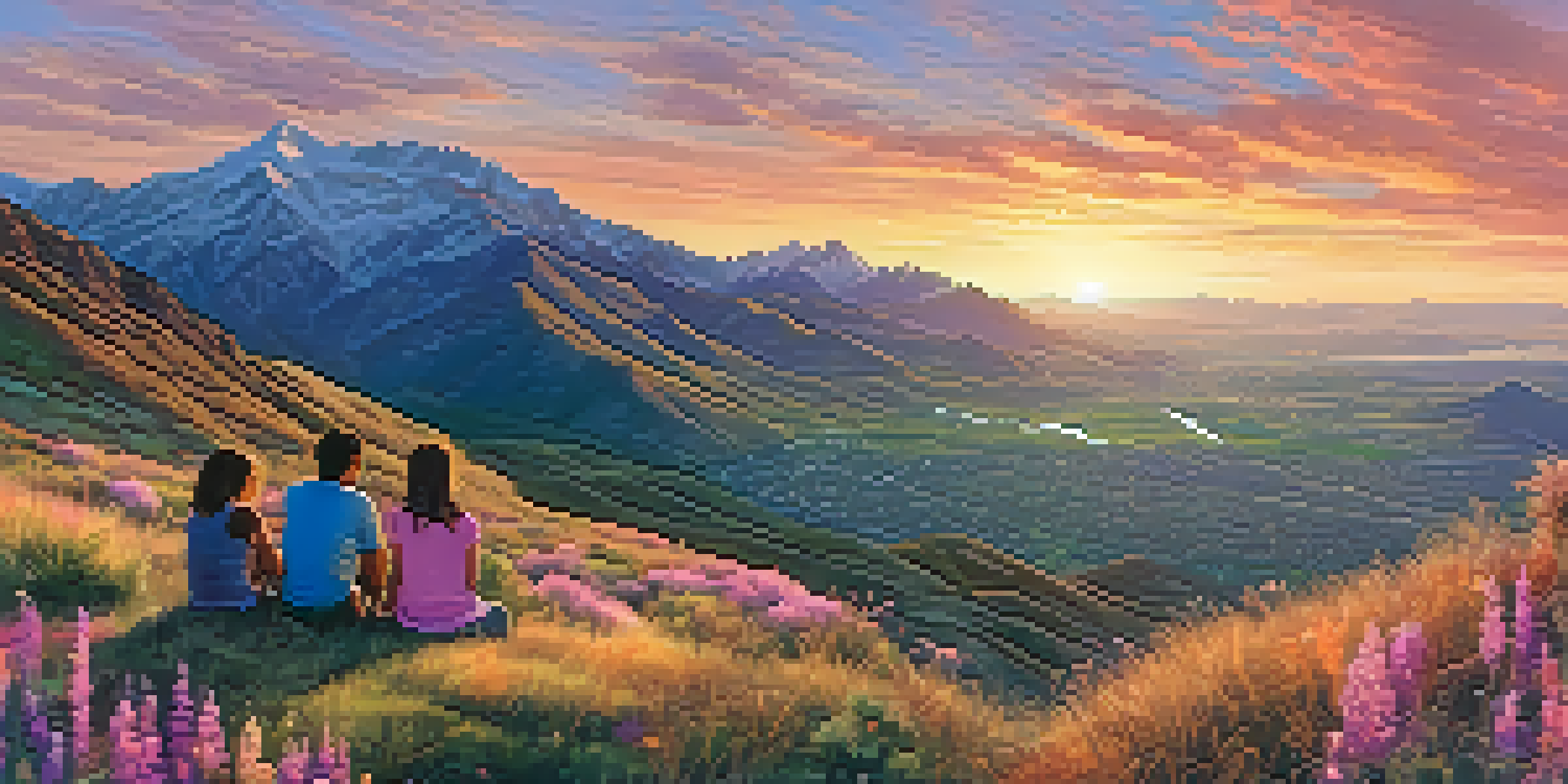 A family having a picnic on Ensign Peak with a colorful sunset backdrop over Salt Lake City.