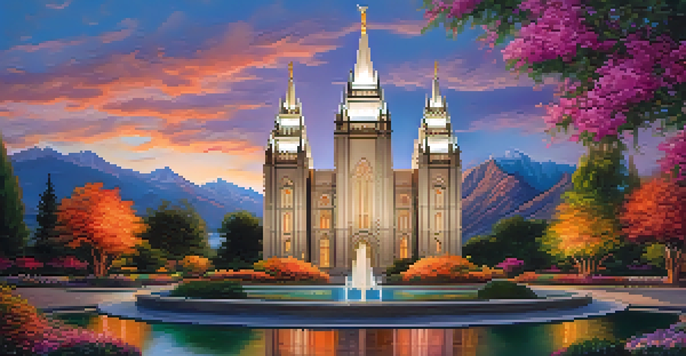 A view of Salt Lake Temple at sunset, highlighted by colorful sky and landscaped gardens.