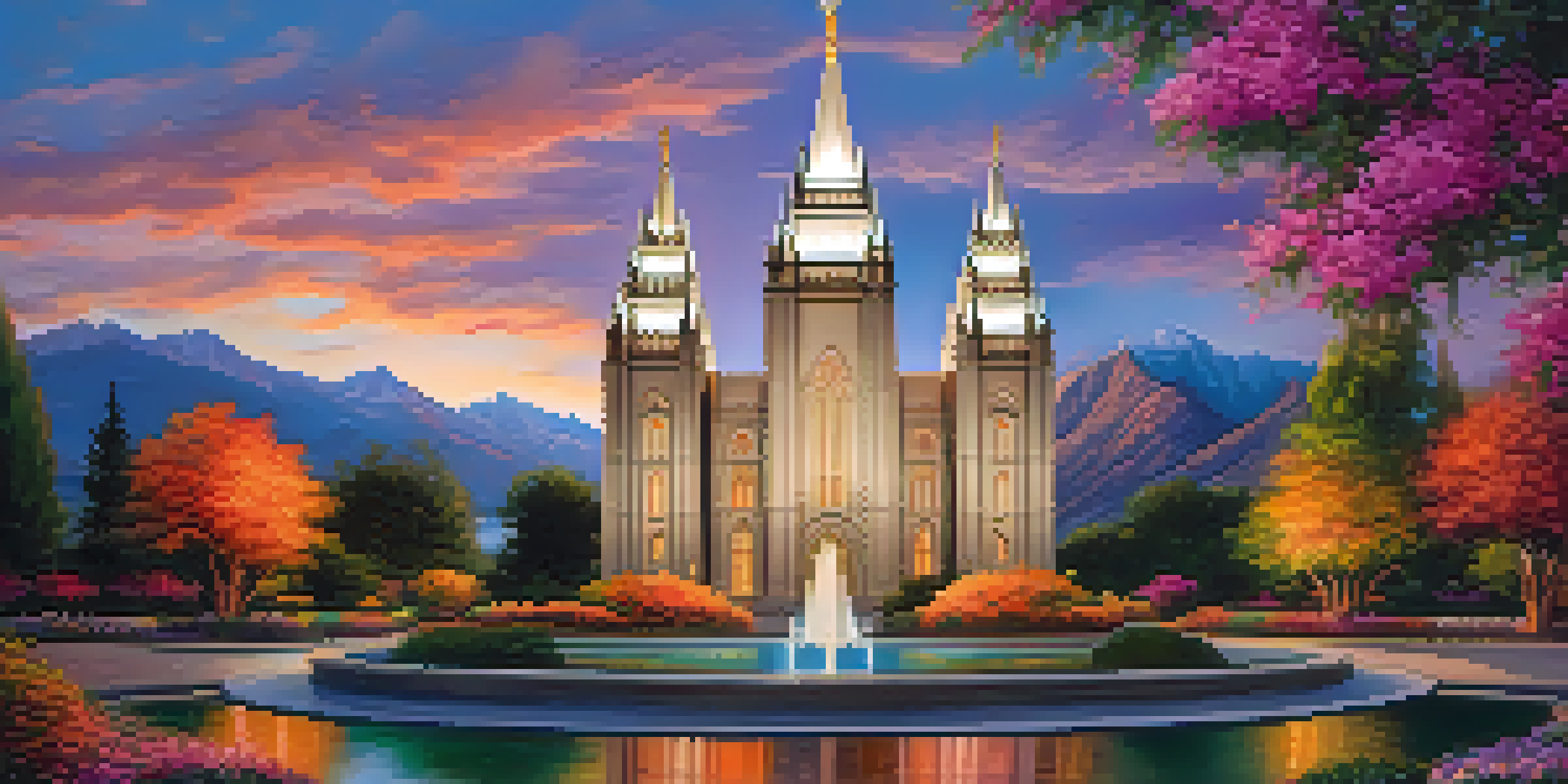 A view of Salt Lake Temple at sunset, highlighted by colorful sky and landscaped gardens.