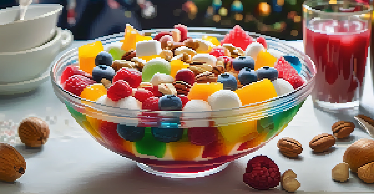 A vibrant Jello salad with fruits and marshmallows in a clear bowl on a festive table.