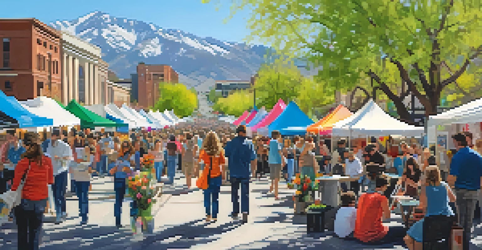 A vibrant scene from the Salt Lake City Arts Festival in April, featuring artists and musicians, families enjoying food and art, with blooming flowers and a sunny sky enhancing the festive atmosphere.