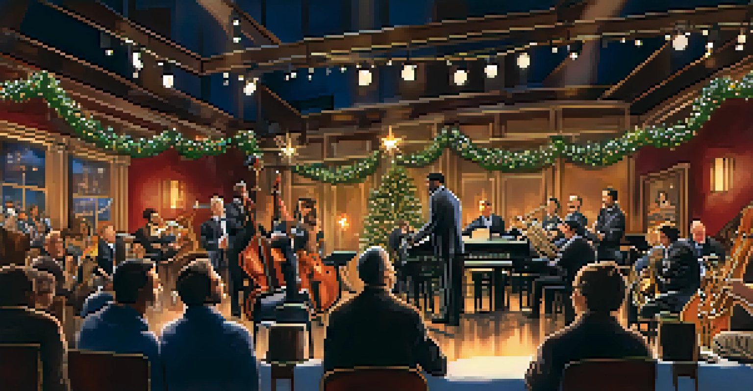 A cozy indoor jazz performance at the Winter Jazz Festival in Salt Lake City, featuring a saxophonist on stage and attendees enjoying the music in a warm, intimate setting.