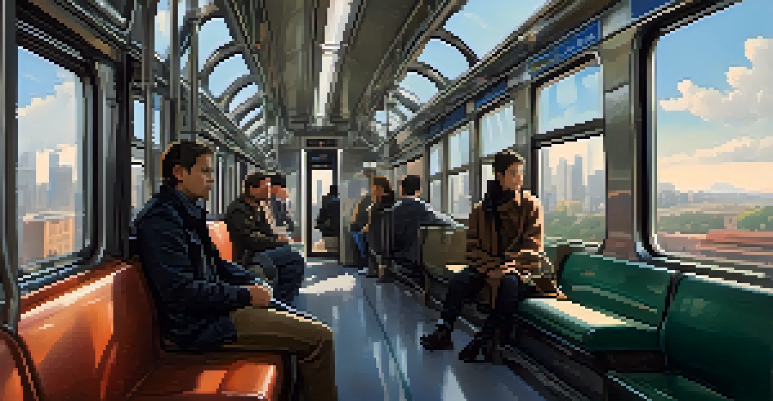 A person sitting on a train, looking alert while observing fellow passengers, with a blurred city view outside.