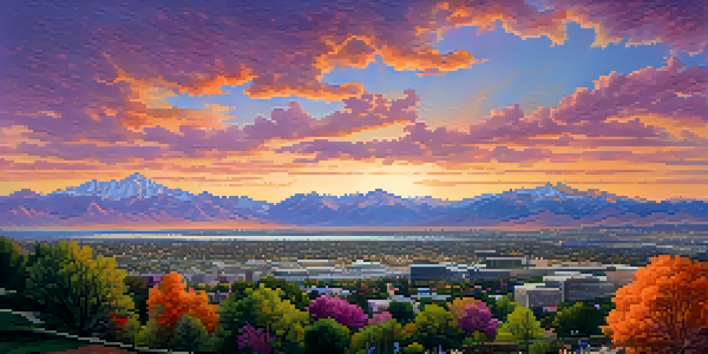 A panoramic view of Salt Lake City with mountains at sunset, featuring colorful skies and a lake reflecting the sunset hues.
