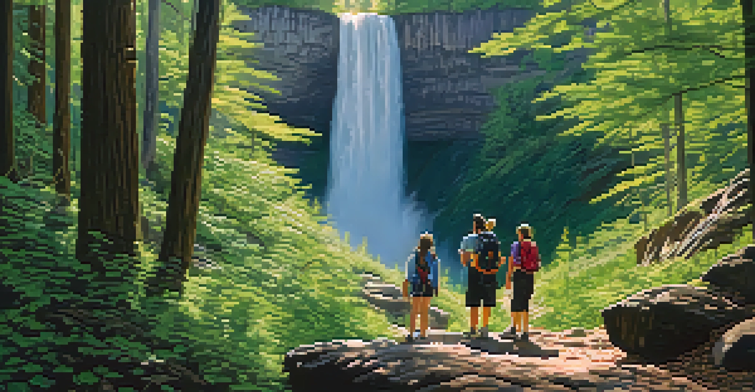 A family hiking the Donut Falls Trail with a beautiful waterfall in the background.