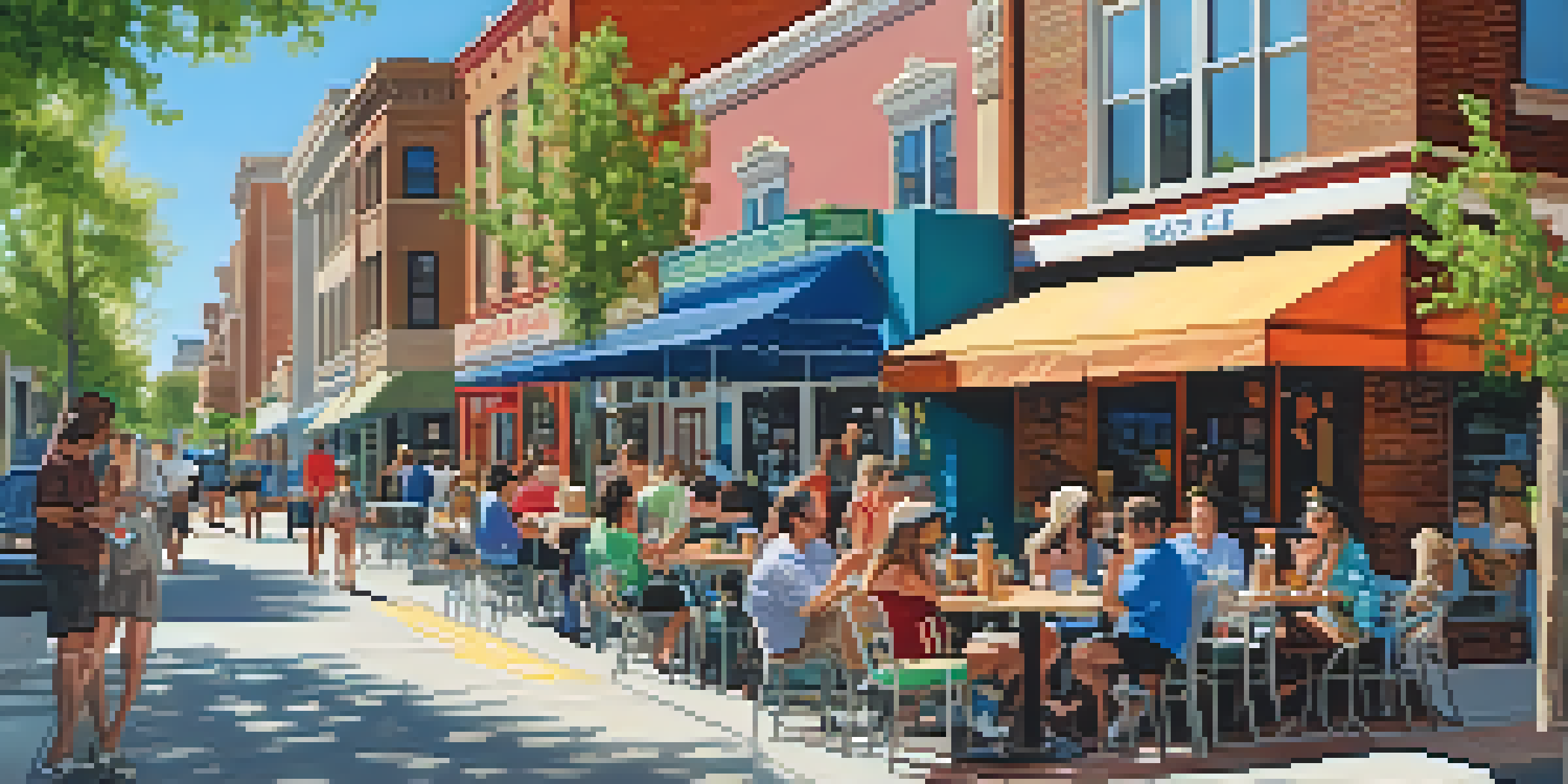 A lively neighborhood in Salt Lake City with people sitting at outdoor cafés, colorful street murals, and trees along a sunny street.