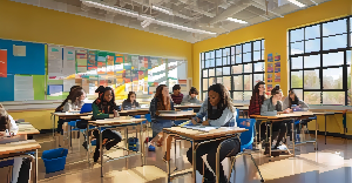 A diverse group of students collaborating on a project in a bright classroom filled with educational materials.