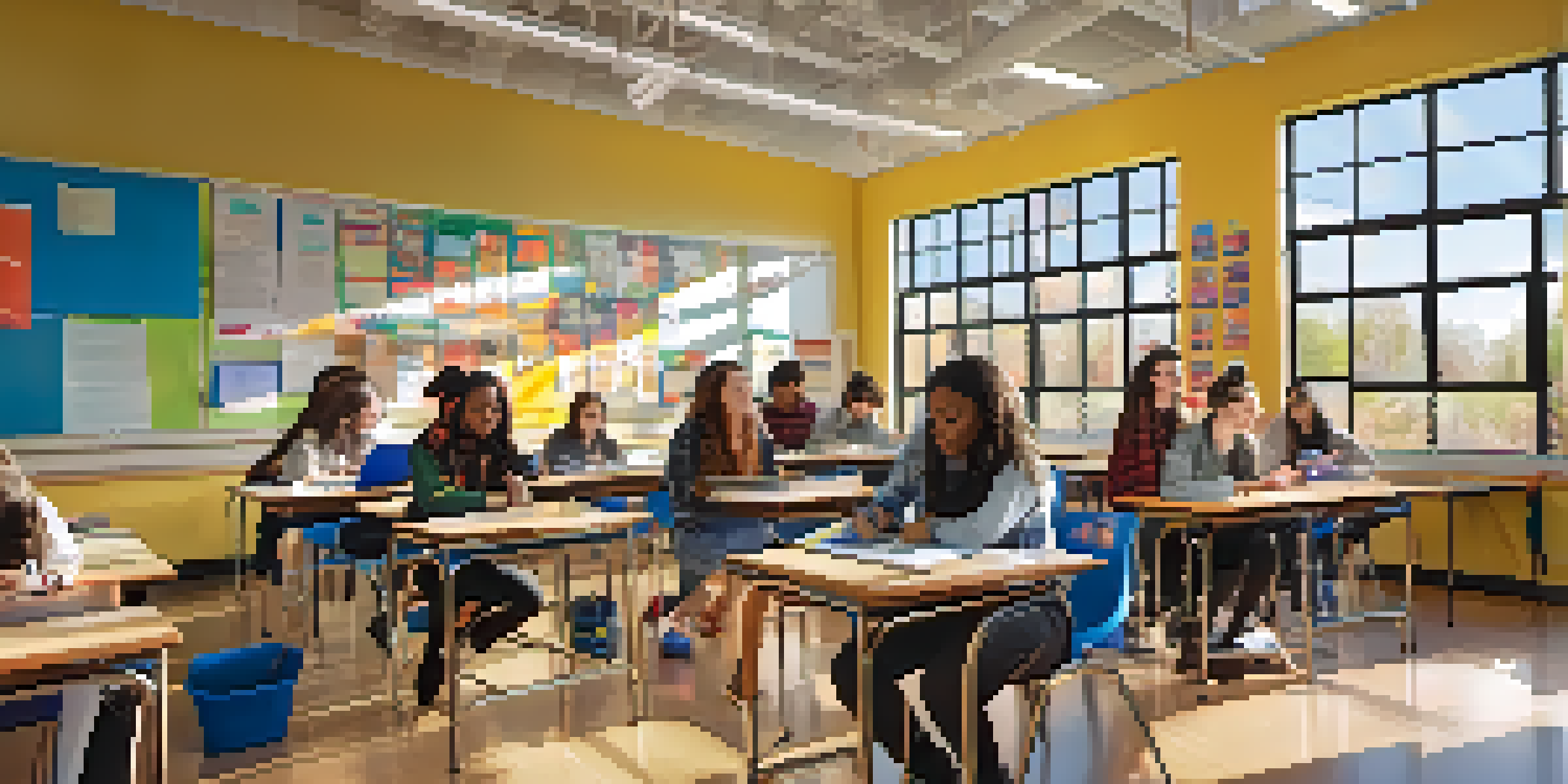 A diverse group of students collaborating on a project in a bright classroom filled with educational materials.