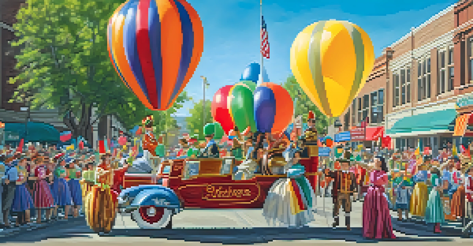 A lively parade featuring colorful floats and costumes, with families gathered along the route celebrating Utah's pioneer heritage.