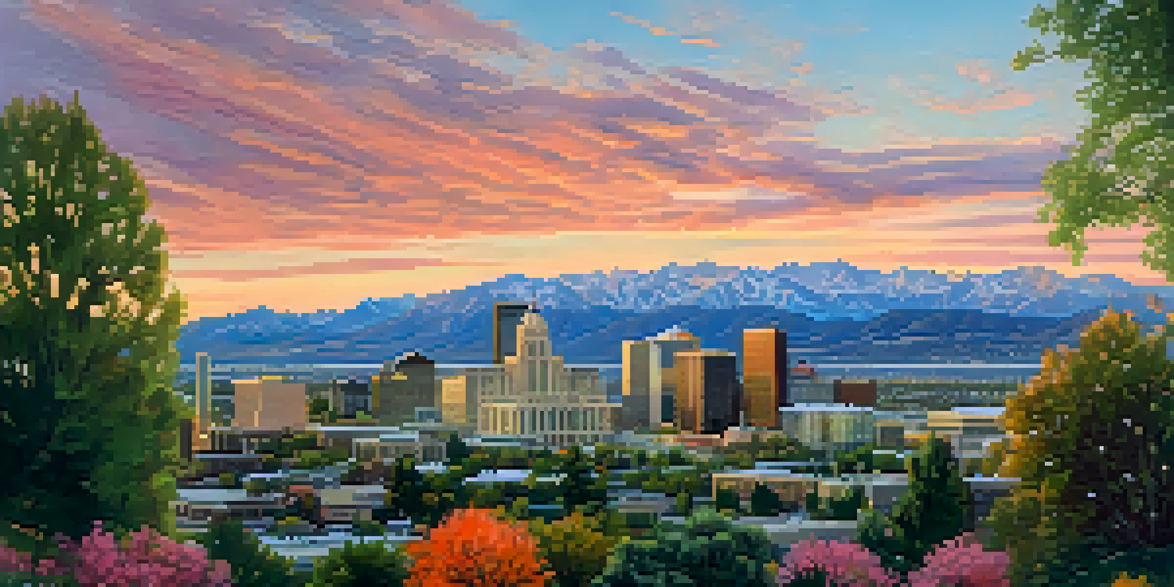 A scenic view of Salt Lake City with mountains and city skyline during sunset.
