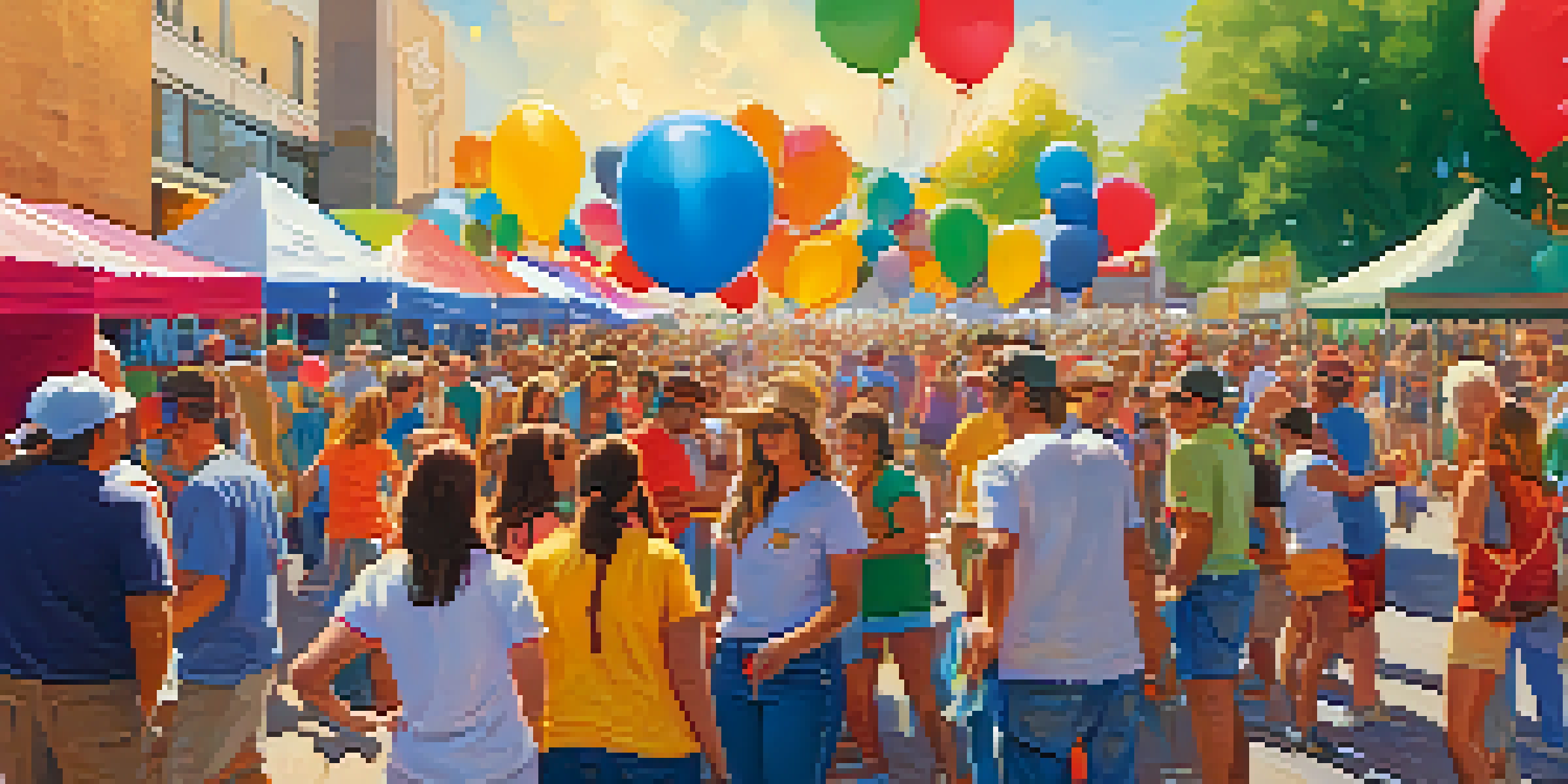 A lively festival scene where volunteers in colorful shirts are setting up booths, surrounded by a cheerful crowd and colorful decorations under warm sunlight.
