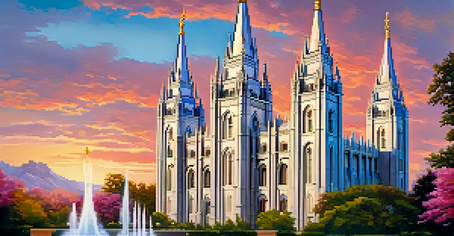 A scenic sunset view of the Salt Lake Temple, highlighting its spires and surrounding gardens.