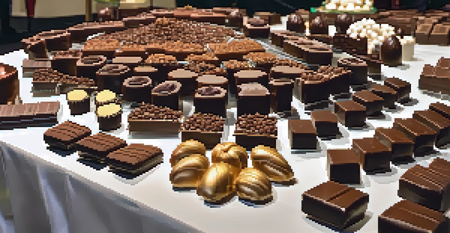 A beautifully arranged table of chocolate treats including truffles and chocolate bars, illuminated by warm lighting.