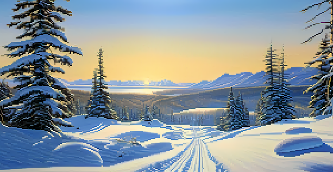 A beautiful winter scene with snow-covered trees, a snowshoe trail, and distant mountains under a clear blue sky.