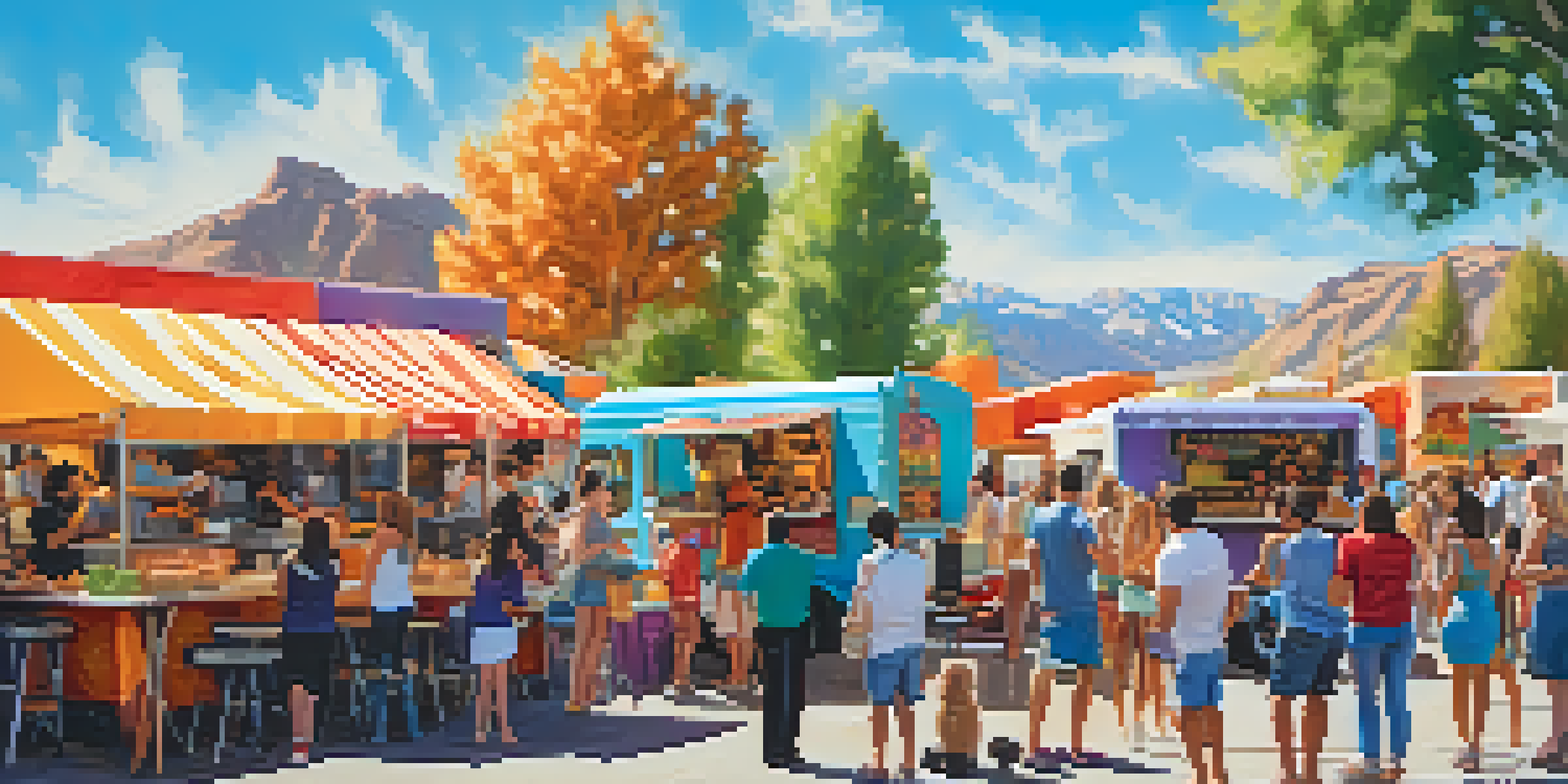 A lively outdoor food festival with colorful food trucks, families enjoying food, and live music creating a festive atmosphere.