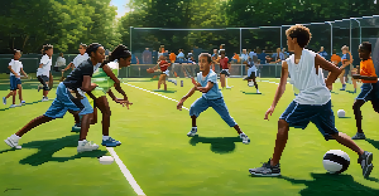 A vibrant youth sports practice in a park, featuring young athletes in diverse groups being mentored by a college athlete, surrounded by greenery.