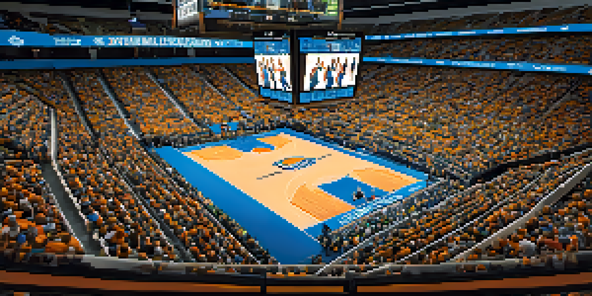 A basketball game in a packed arena with fans cheering, players on the court, and bright lights illuminating the scene.