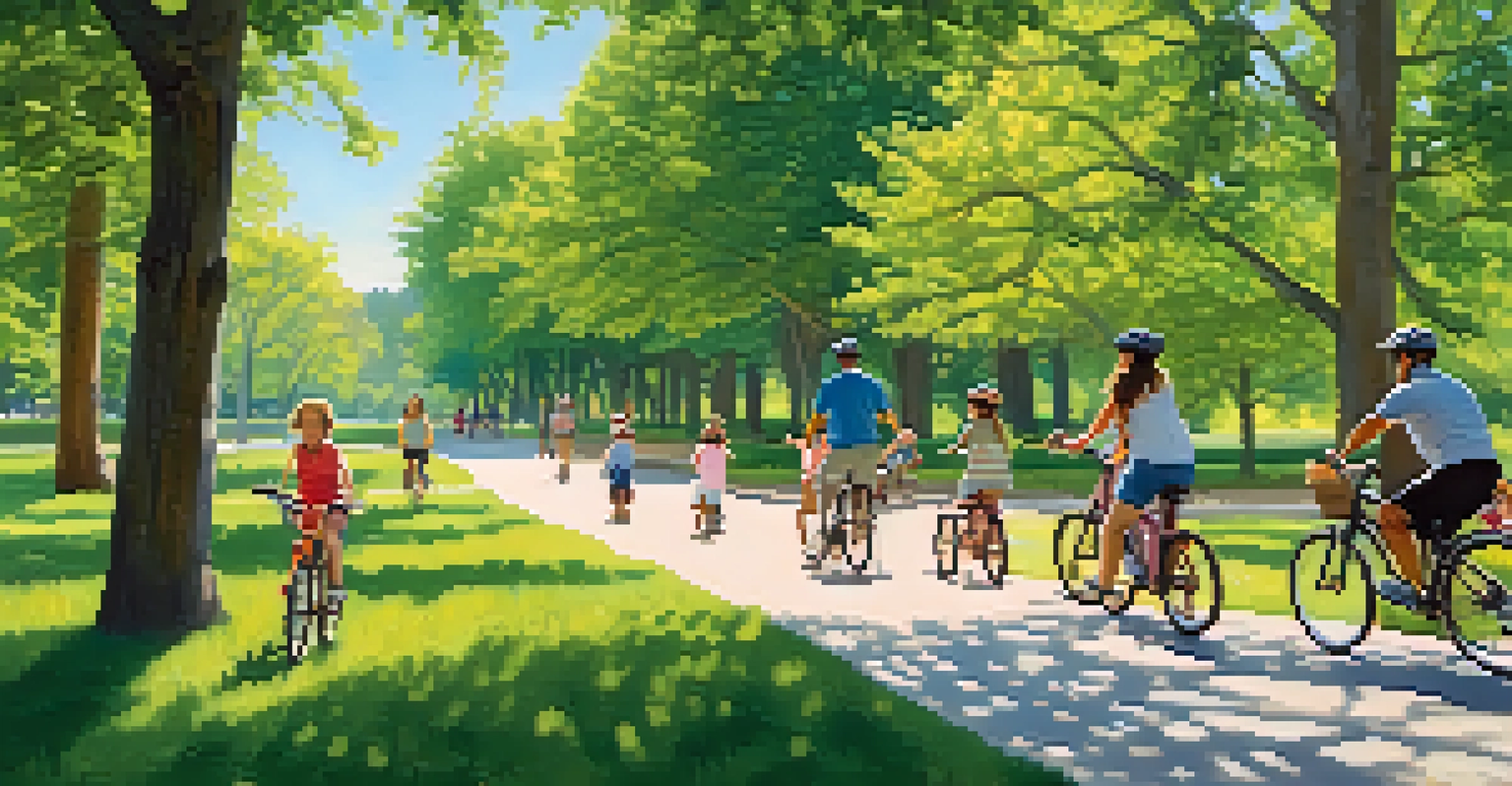 Families riding bikes along a river trail, enjoying a sunny day, with green trees and a park in the background.