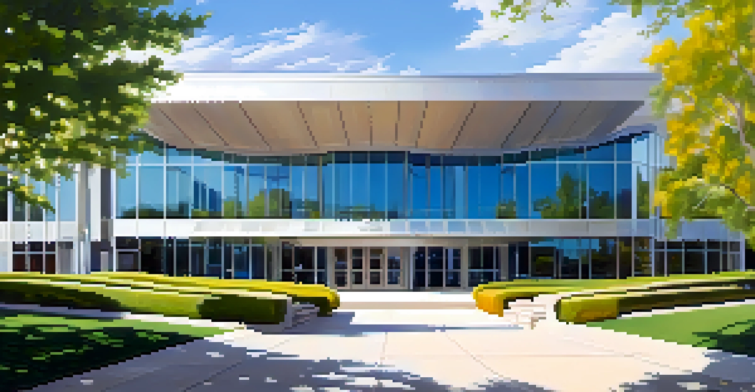 Exterior view of the BYU Museum of Art, showcasing its modern architecture amidst beautifully landscaped gardens under a clear blue sky.