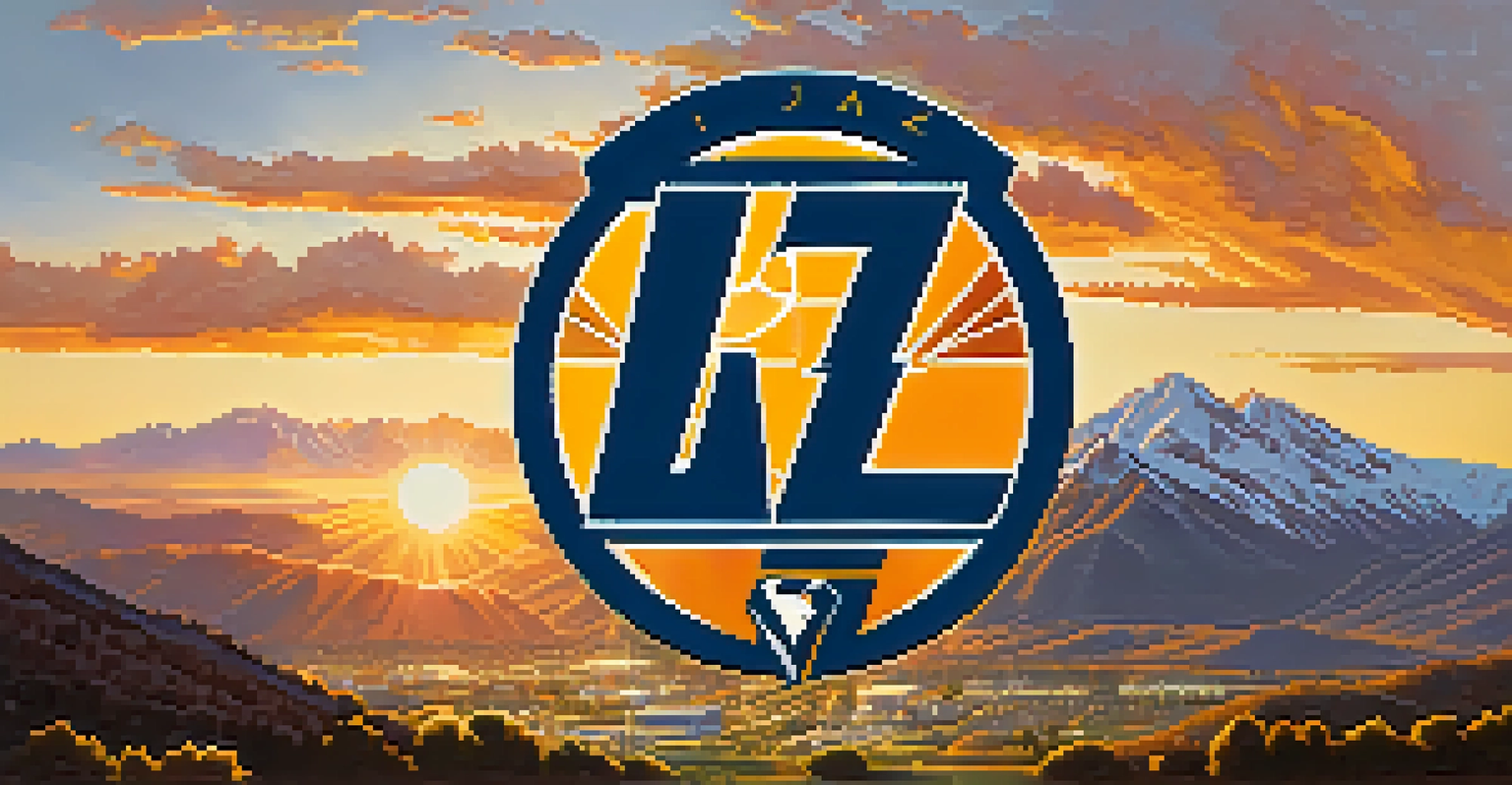 The Utah Jazz logo in front of the Wasatch Mountains at sunset, representing the team's local identity.
